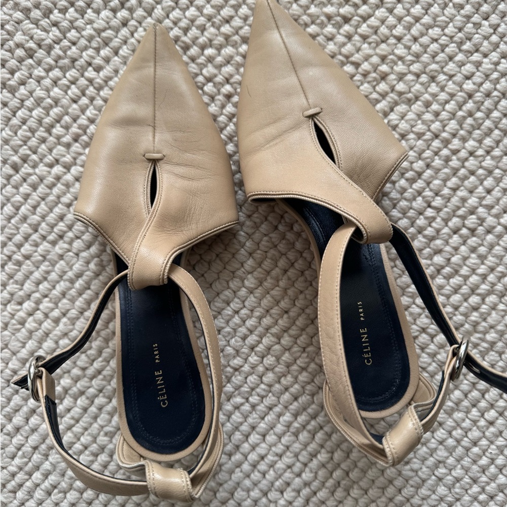 Beige Leather Pointed Slingback Flats